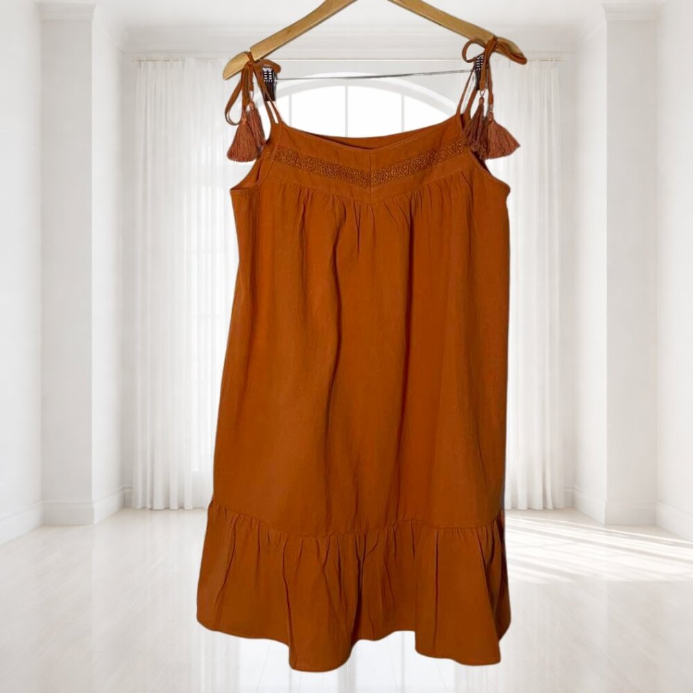 Rust Orange Boho Dress XL Crochet Detail Tassel Tie Straps Ruffle Hem - Picture 2 of 9